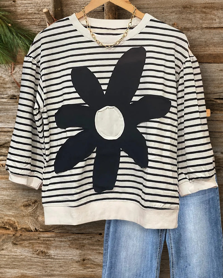 Hit Color Flower Applique Casual Striped Blouse