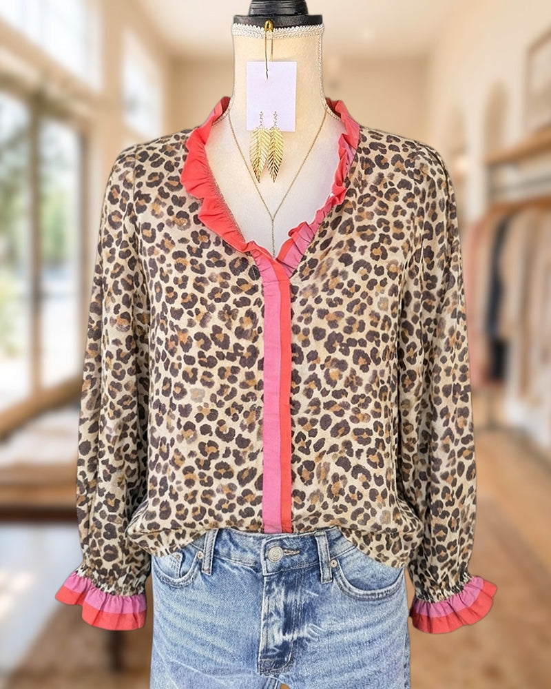 Leopard Print Bold V Neck Ruffles Blouse