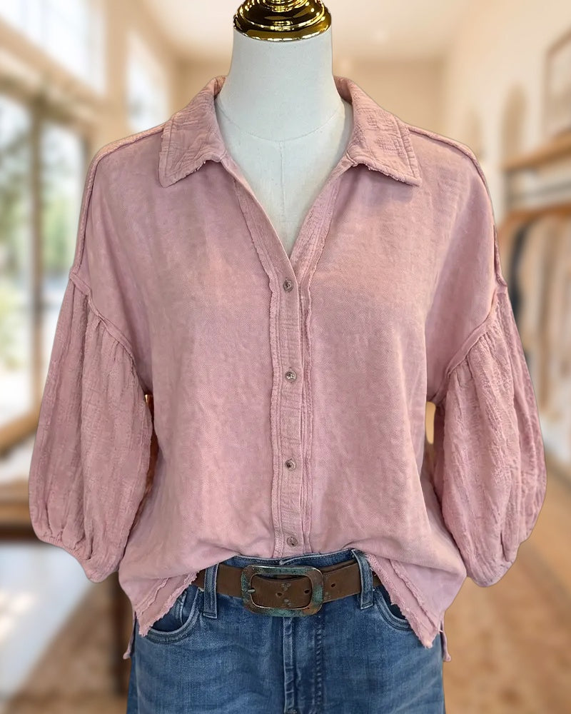 Collared Button Front Puff Sleeve Frayed Trim Casual Blouse