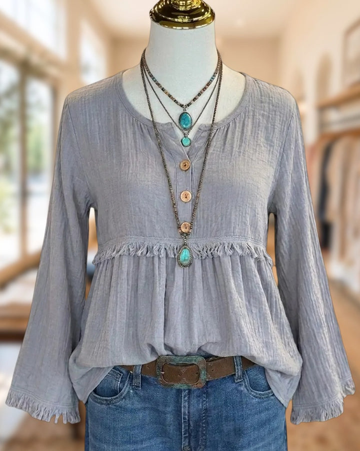Fringe Trim Half Button Empire Waist Long Sleeve Blouse