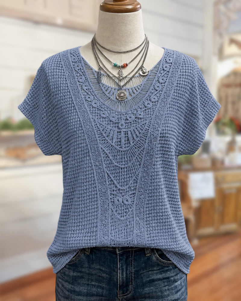 Crochet Detailing V Neck Short Sleeve Relaxed Fit Blouse
