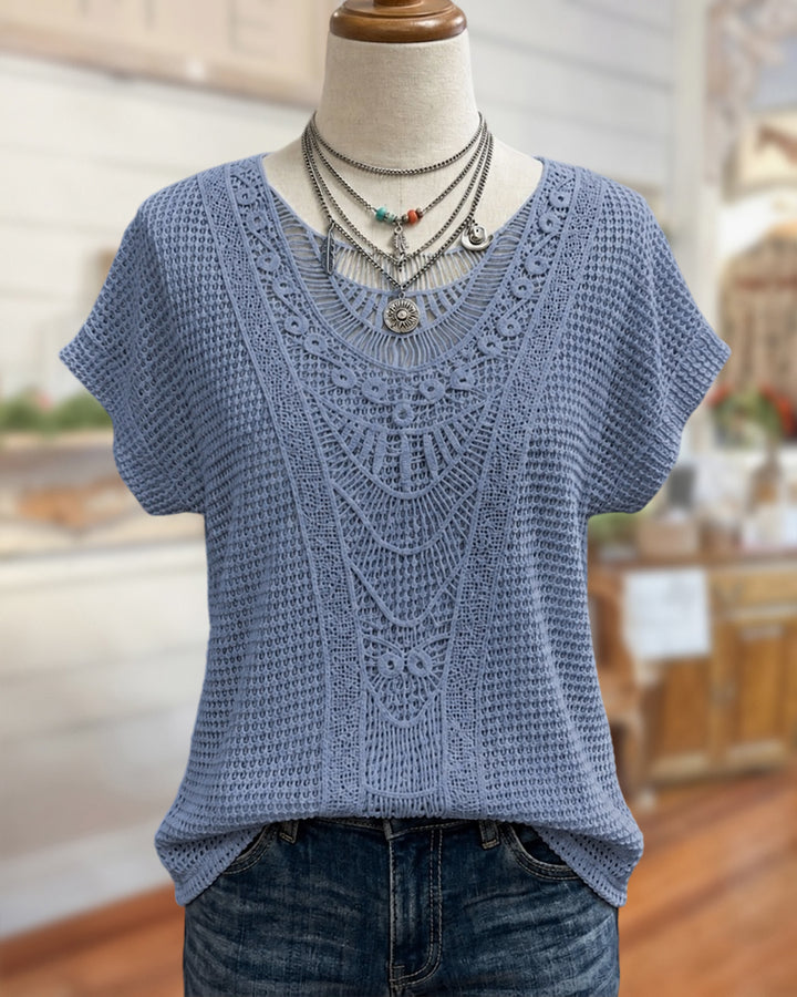 Crochet Detailing V Neck Short Sleeve Relaxed Fit Blouse