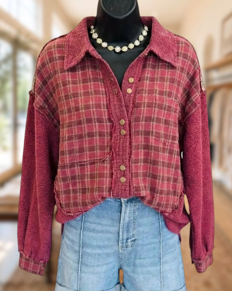 Plaid Contrast Sleeve Raw Edge Cropped Button Front Shirt