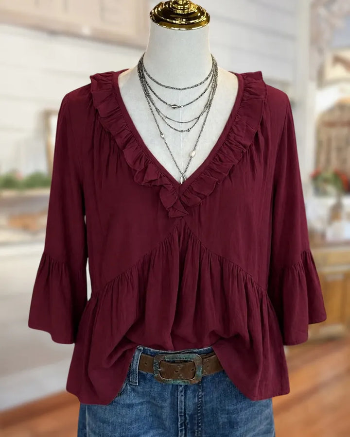 Ruffle Trim V Neck Flare Sleeve Gathered Relaxed Blouse