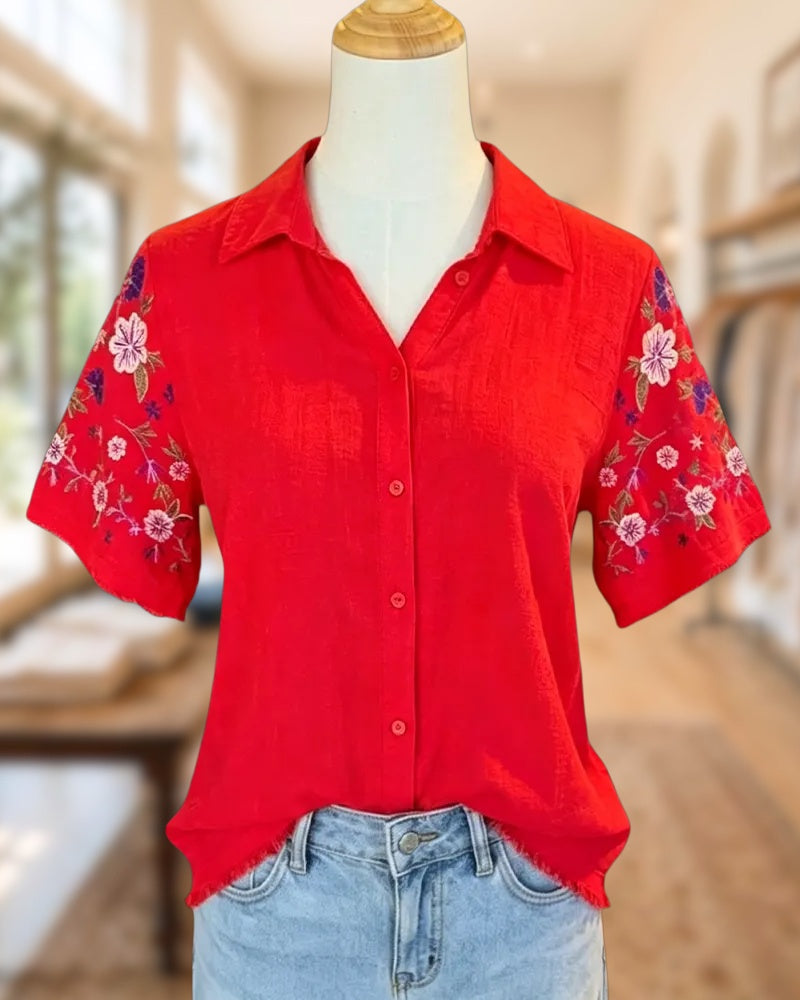 Collared Short Sleeve Embroidery Frayed Hem Button Up Shirt