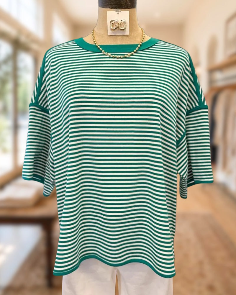 Striped Drop Shoulder Contrast Trim Loose Casual Short Sleeve T-shirt