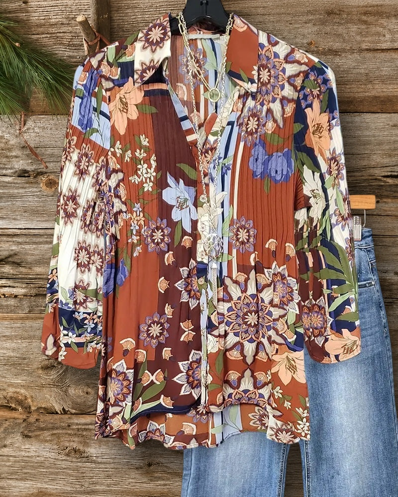 Floral Print V Neck Button Pleated Shirt
