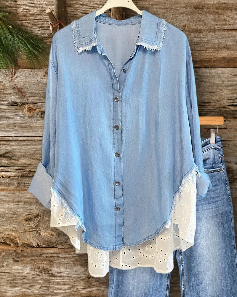 Patchwork Lacy Hit Color Modern Button Front Frayed Shirt