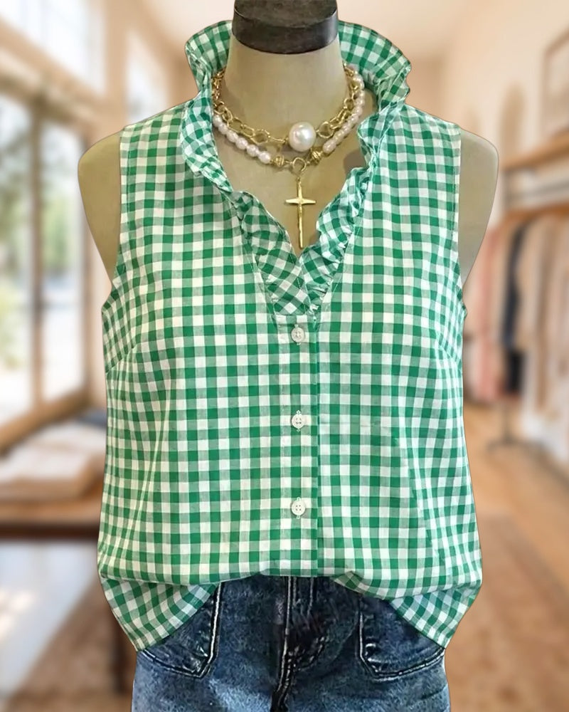 Ruffled Trim V Neck Button Front Sleeveless Gingham Blouse
