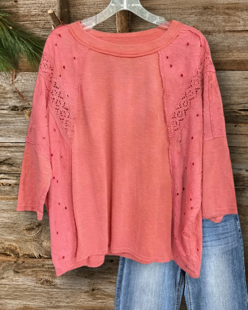 Lace Insert Eyelet Detail Loose 3/4 Sleeve Casual Blouse