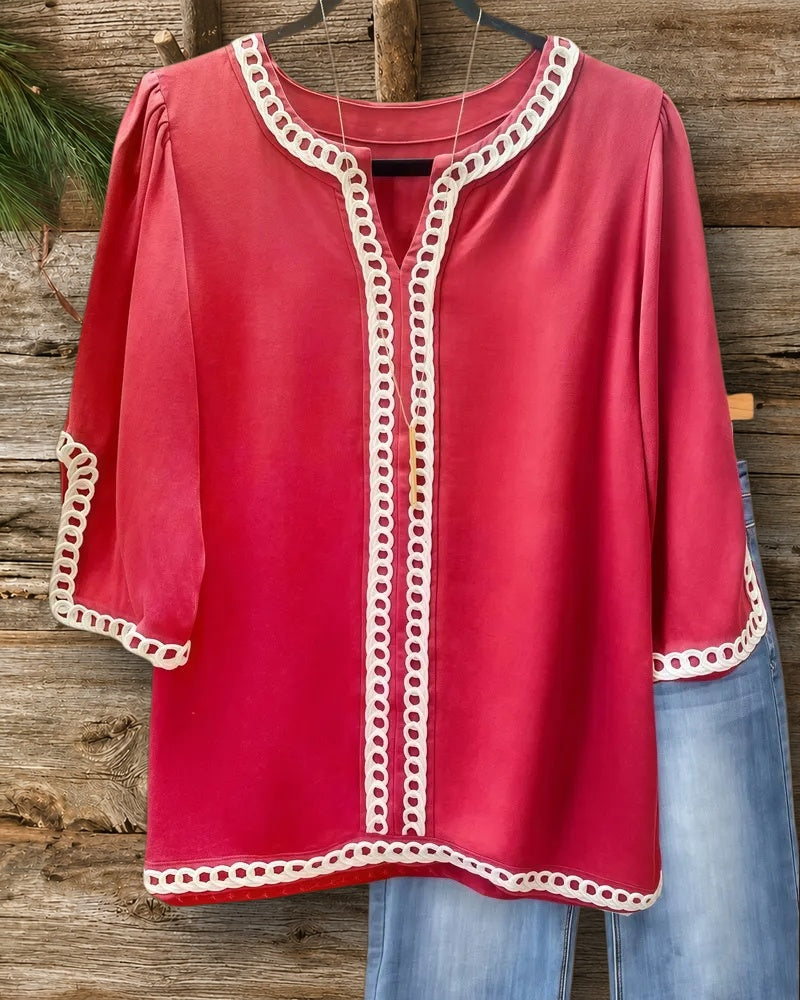 Hit Color Patchwork V Neck Modern Blouse