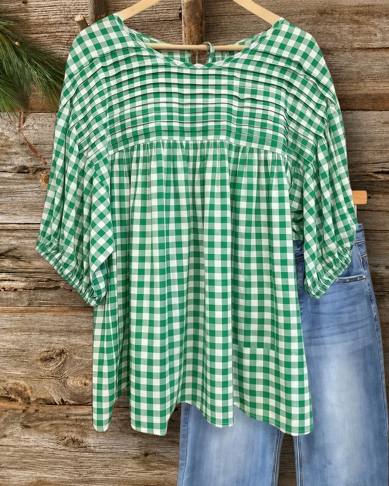 Gingham Pleated Detail Round Neck Versatile Blouse