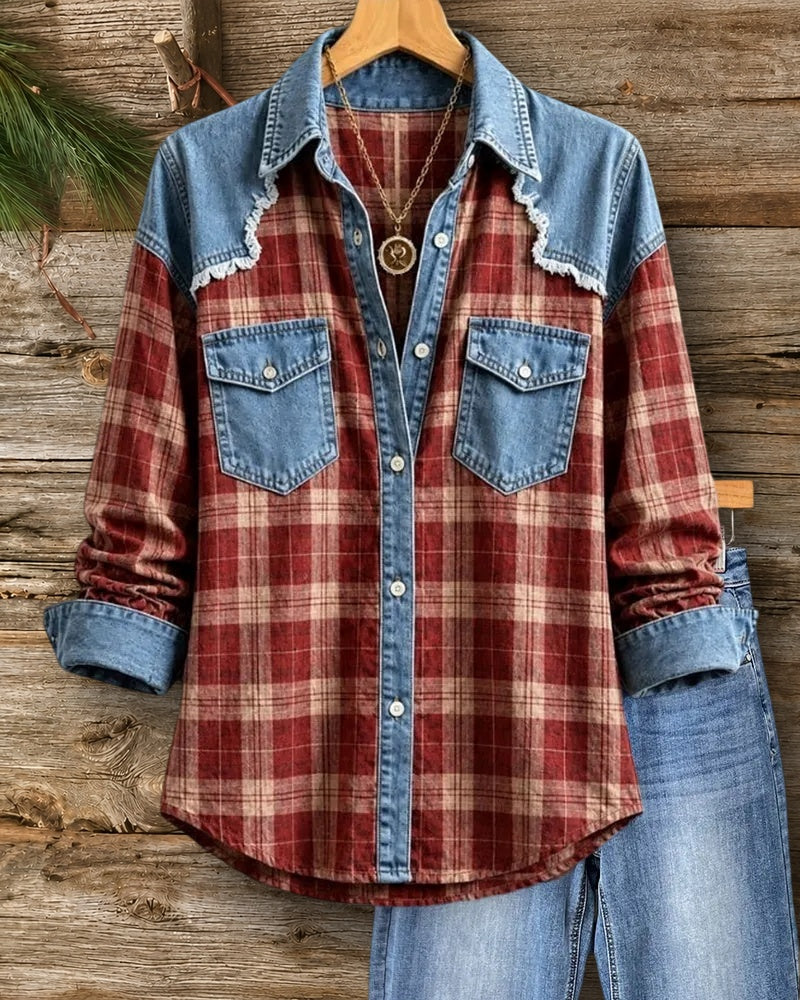 Plaid Contrast Denim Trim Button Down Shirt With Pockets