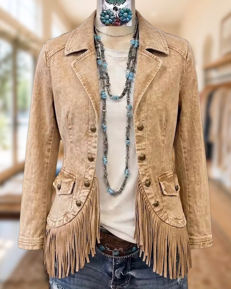 Tassels Trim Notched Lapel Open Front Western Jacket
