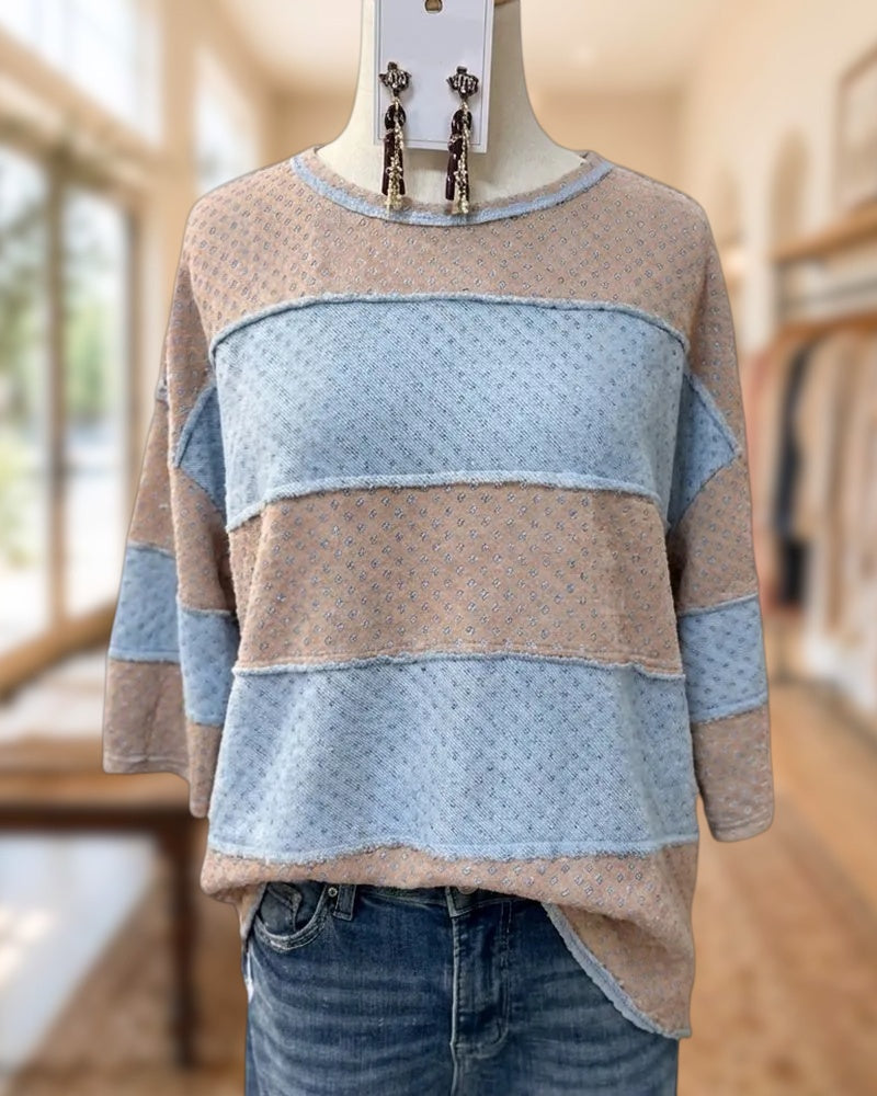 Color Block Round Neck 3/4 Sleeve Comfortable Blouse