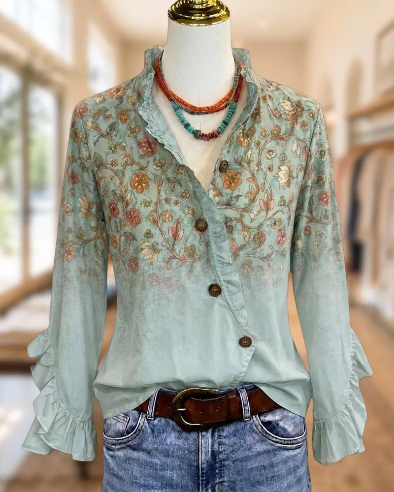 Floral Print Ruffled Trim Asymmetrical Button Front Blouse