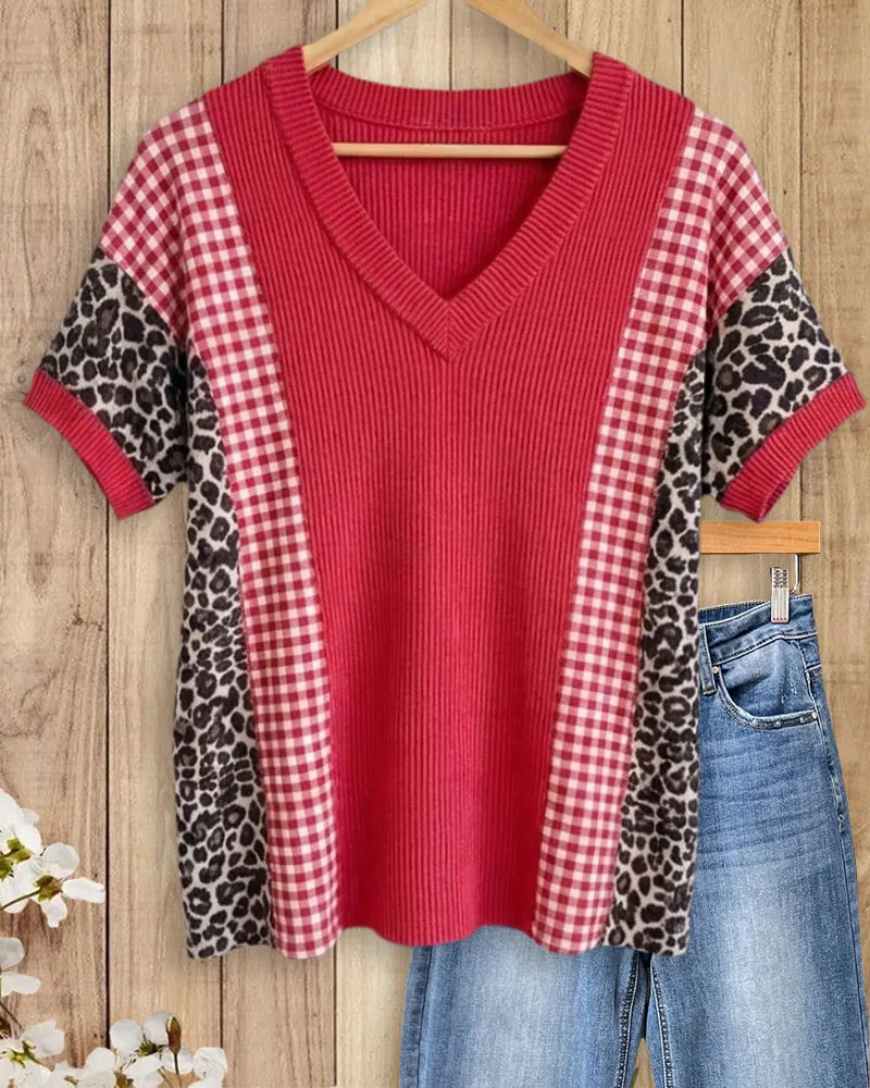 V Neck Patchwork Plaid Leopard Contrast Short Sleeve Casual Top