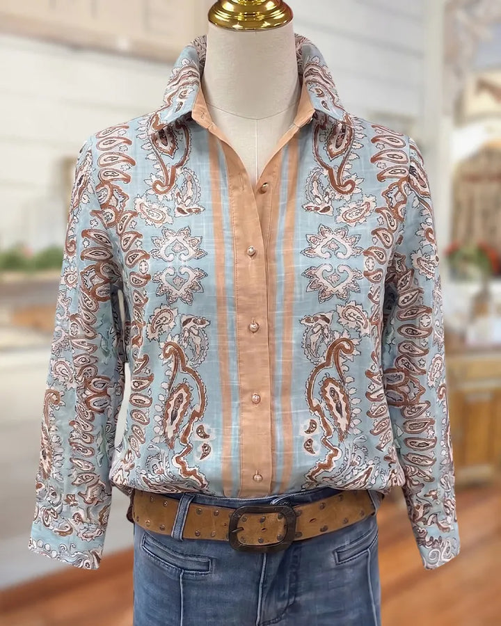 Paisley Print Contrast Placket Long Sleeve Snap Front Shirt