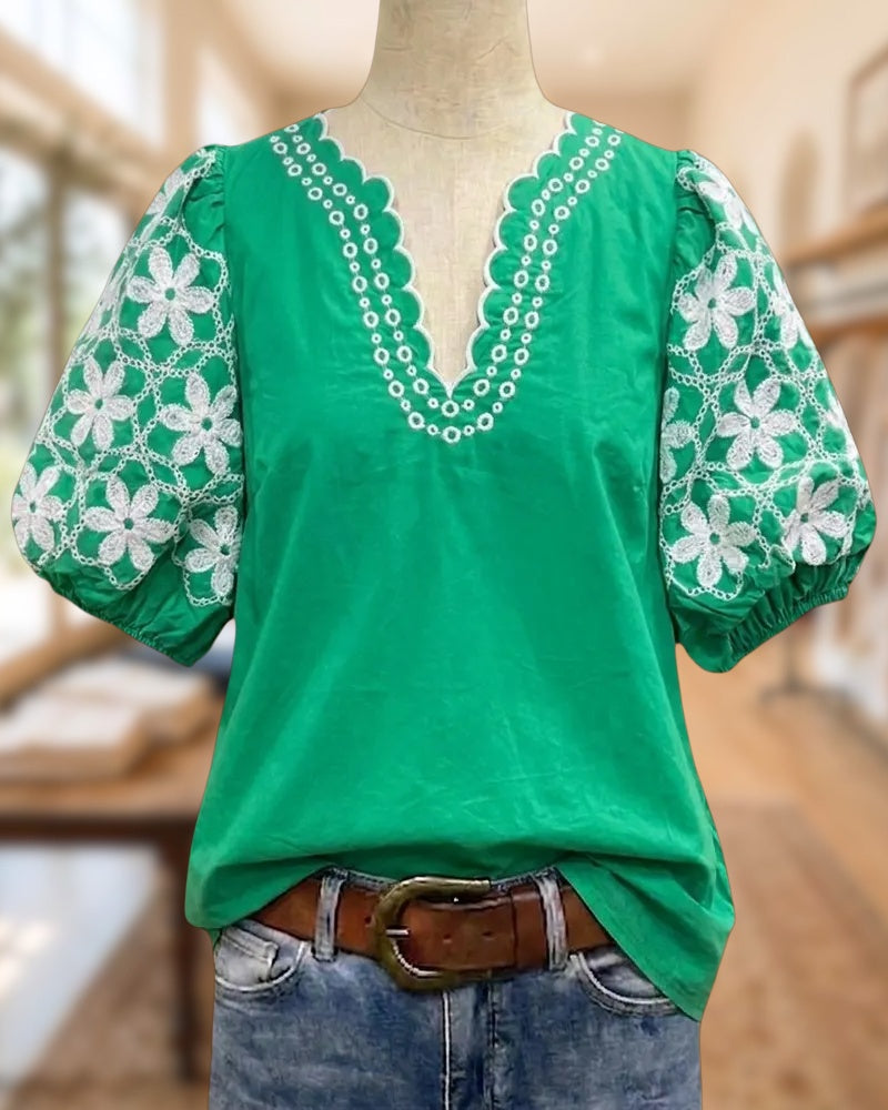 Scalloped V Neck Puff Sleeve Floral Embroidered Casual Blouse