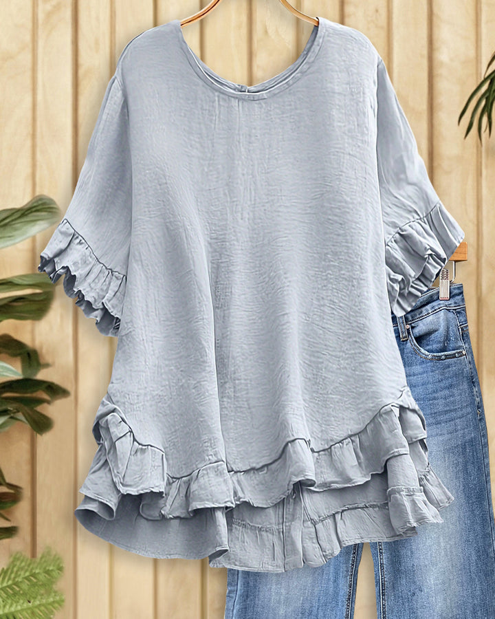 Solid Color Ruffled Classic High Low Blouse