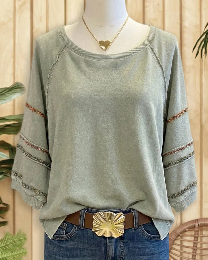 Distressed Hit Color Classic Round Neck Side Slit Shirt