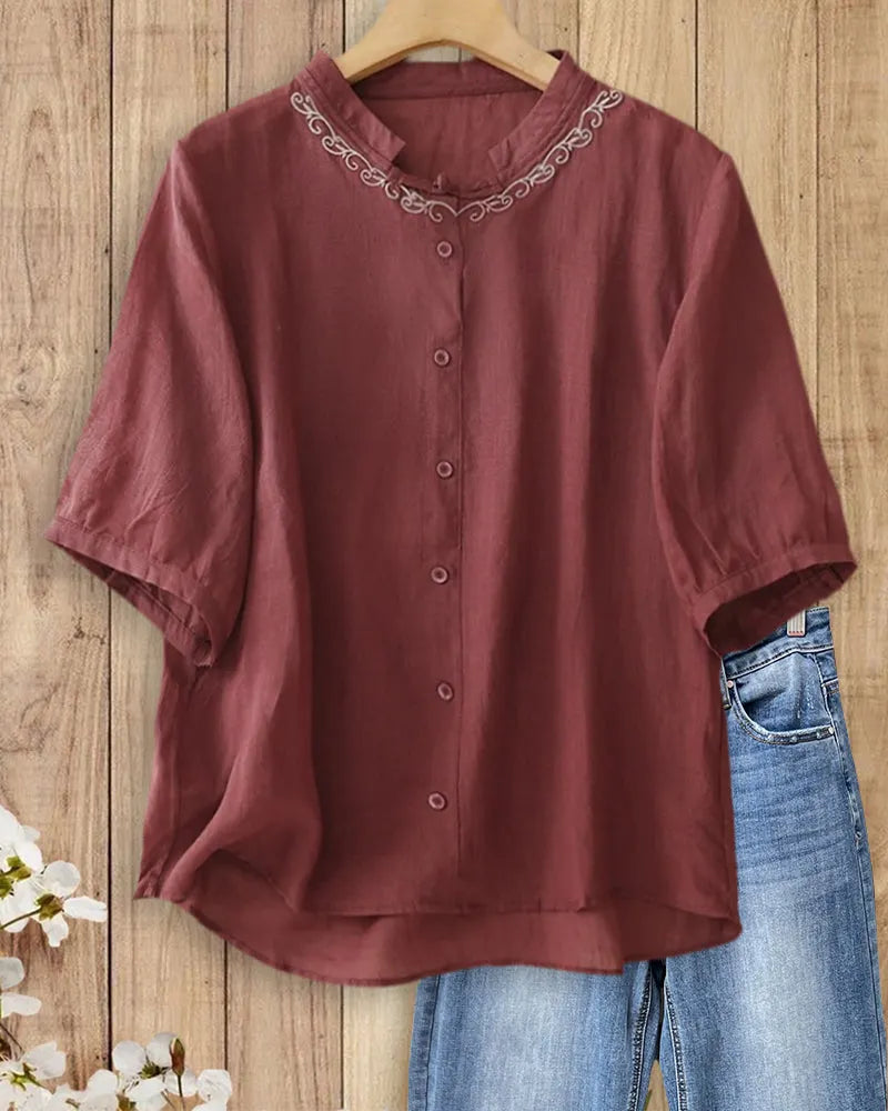 Loose Fit Mandarin Collar Embroidered Button Front Puff Sleeve Blouse