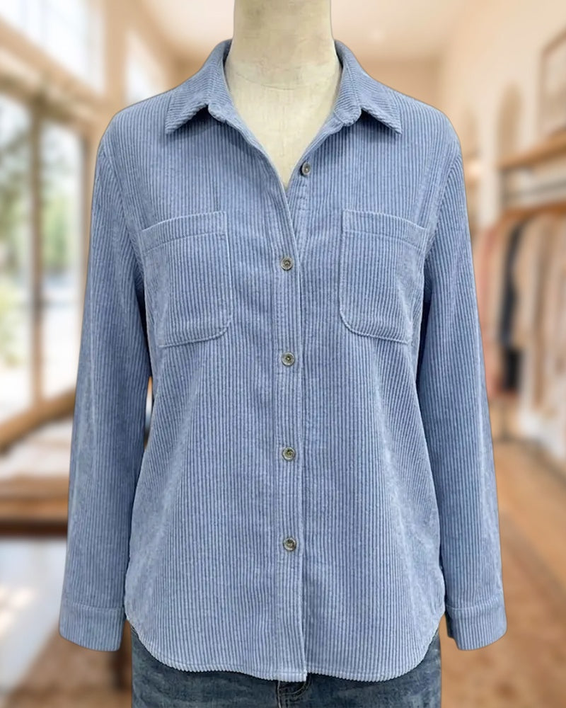 Ribbed Texture Button Front Long Sleeve Shirt With Patch Pockets
