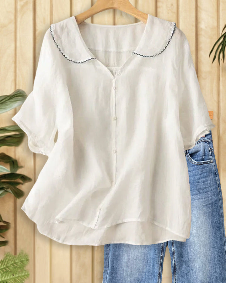 Solid Color Cute Doll Collar Button Front Blouse