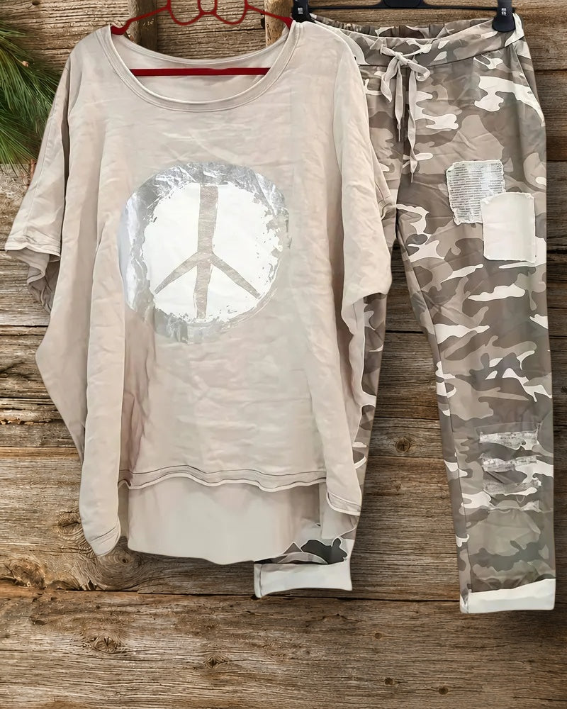 Peace Print Camouflage On-trend Drawstring Pant Suit