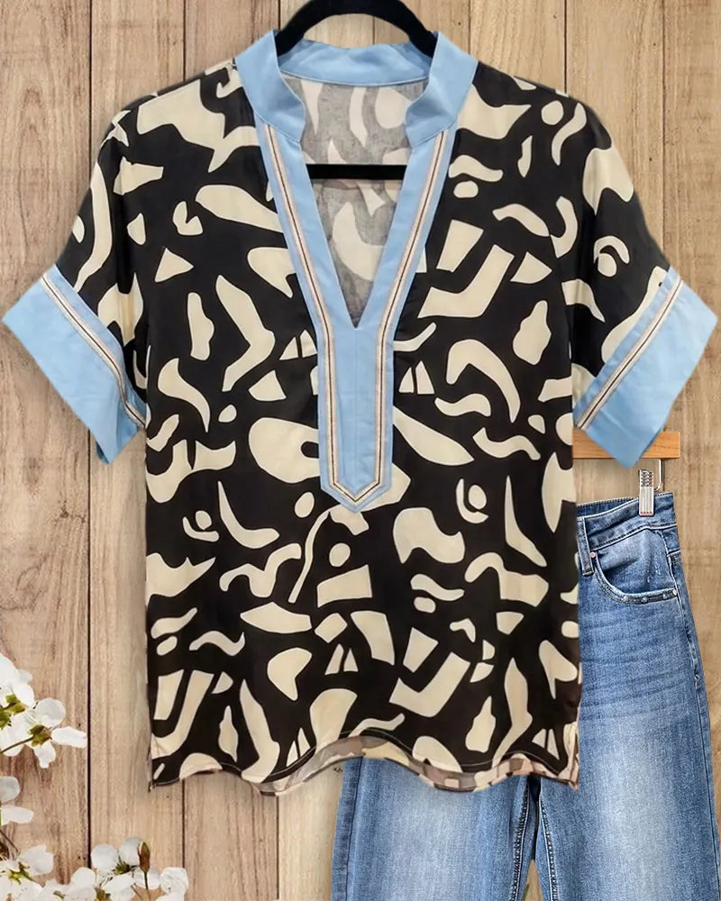 Abstract Print Contrast Trim V Neck Loose Short Sleeve Blouse