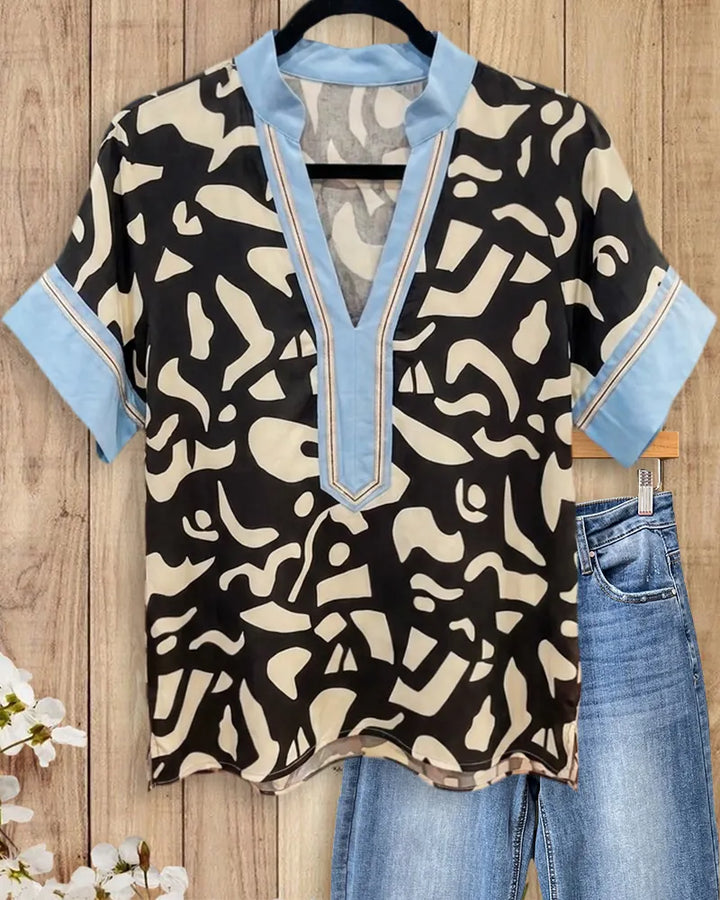 Abstract Print Contrast Trim V Neck Loose Short Sleeve Blouse