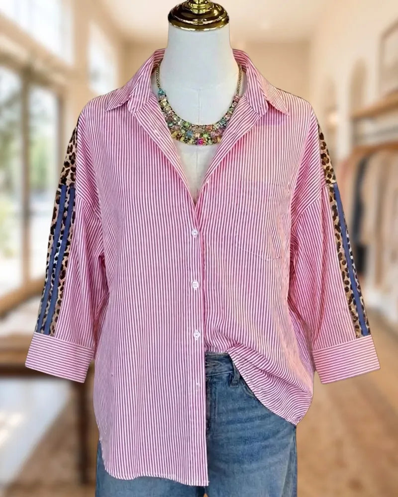 Striped Leopard Insert Collared 3/4 Sleeve Button Down Shirt