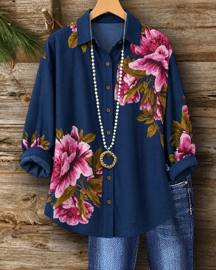 Floral Print Collared Button Down Long Sleeve Loose Shirt