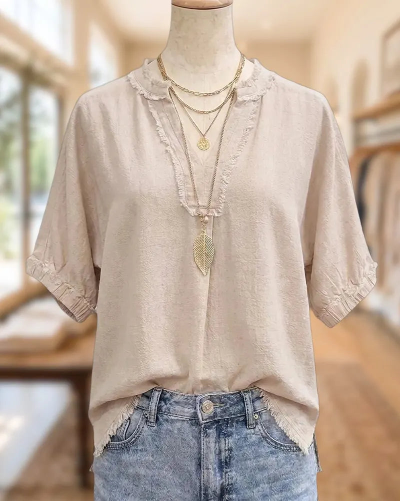 Frayed Trim V Neck Short Sleeve Solid Color Casual Blouse