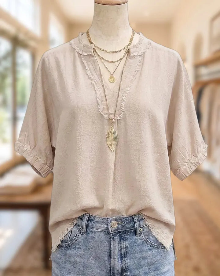 Frayed Trim V Neck Short Sleeve Solid Color Casual Blouse