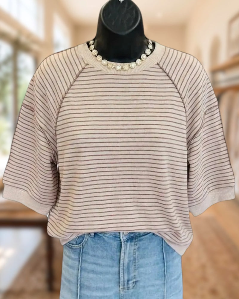 Striped Raglan Sleeve Crew Neck Exposed Seam Relaxed Fit Top