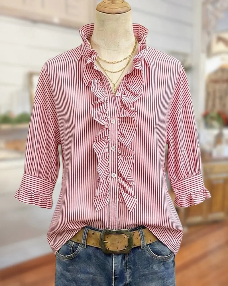 Ruffled Placket Striped 3/4 Sleeve Casual Button Down Blouse