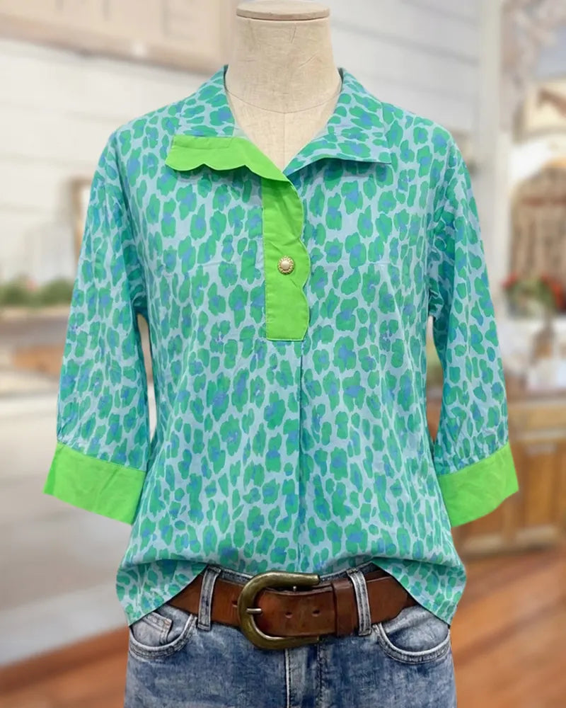 Scallop Trim Placket Collared Leopard Print 3/4 Sleeve Blouse