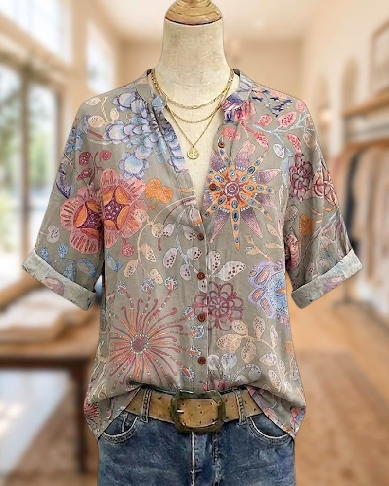 Boho Floral Print Button Front V Neck 3/4 Sleeve Blouse