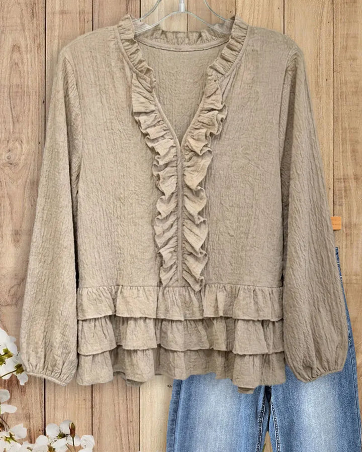 V Neck Ruffle Trim Tiered Hem Long Sleeve Blouse
