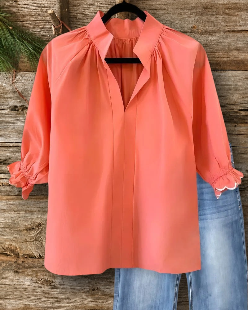 Hit Color Scalloped Trim Feminine V Neck Blouse