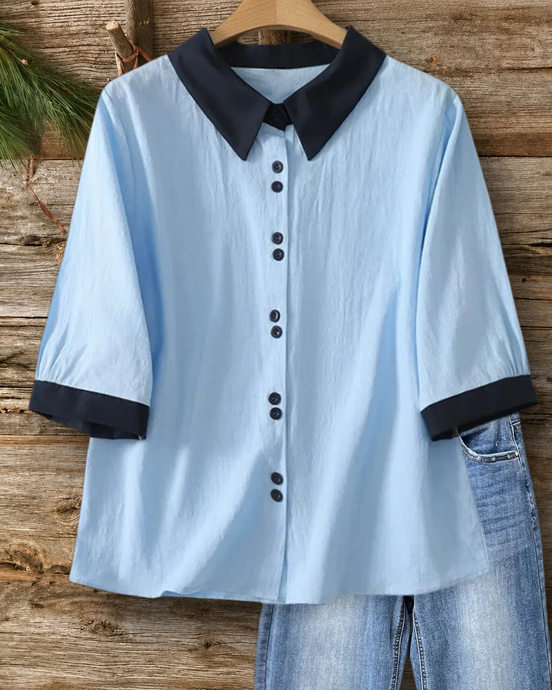 Contrast Collar Cuff Button Front 3/4 Sleeve Casual Shirt