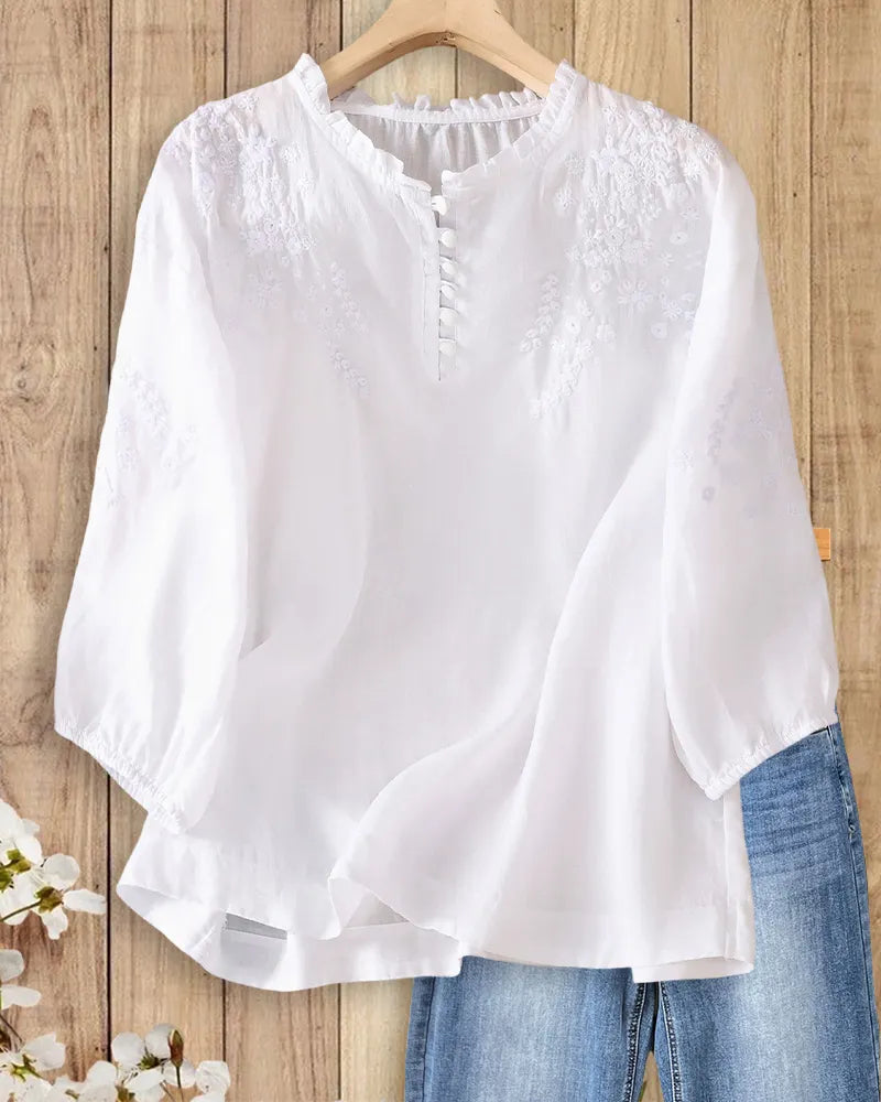 Ruffle Neck Embroidered Half Placket Puff Sleeve Casual Blouse
