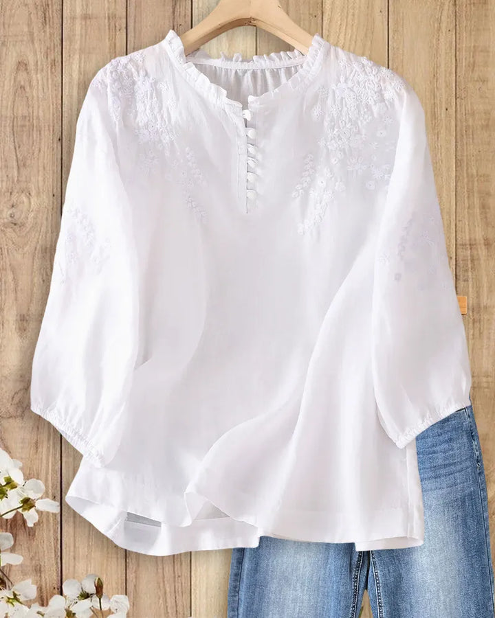 Ruffle Neck Embroidered Half Placket Puff Sleeve Casual Blouse