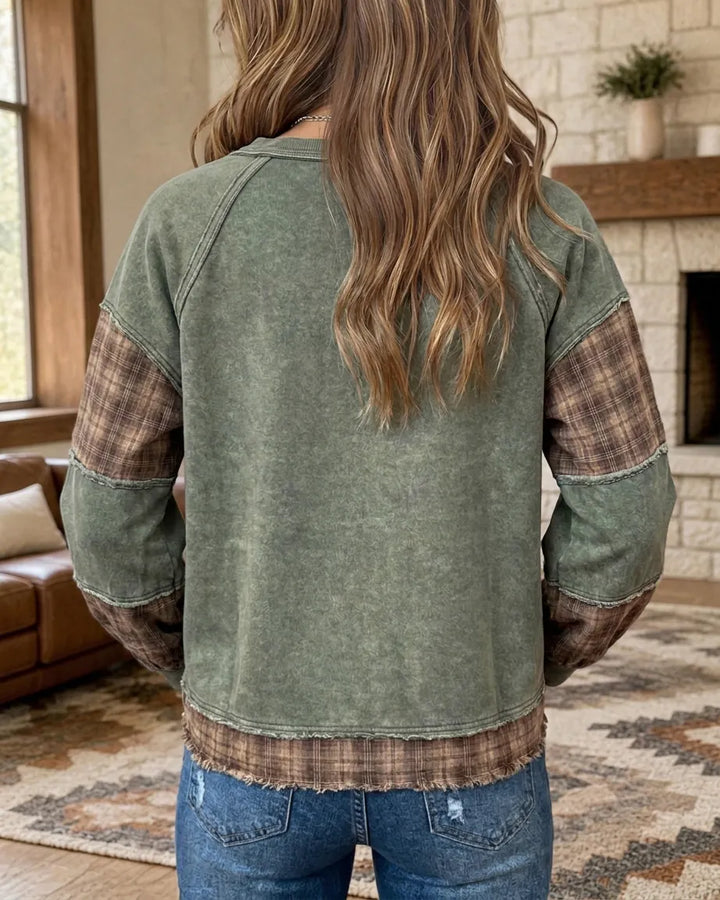 Plaid Patchwork Star Applique Raw Edge Long Sleeve Sweatshirt