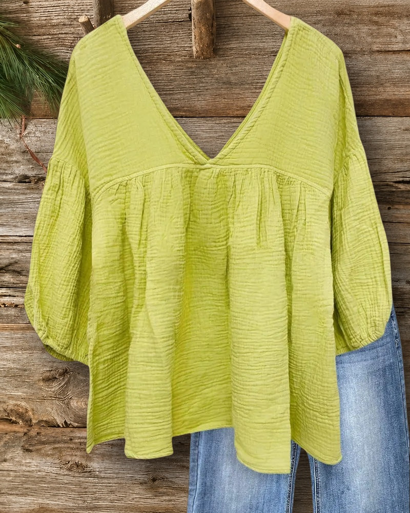 Solid Color V Neck Versatile Babydoll Blouse