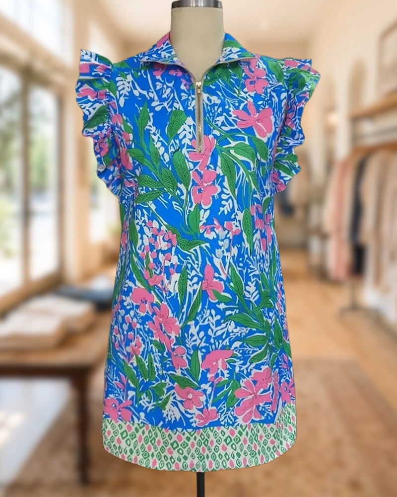 Ruffle Sleeve Half Zip Collared Floral Print Shift Mini Dress