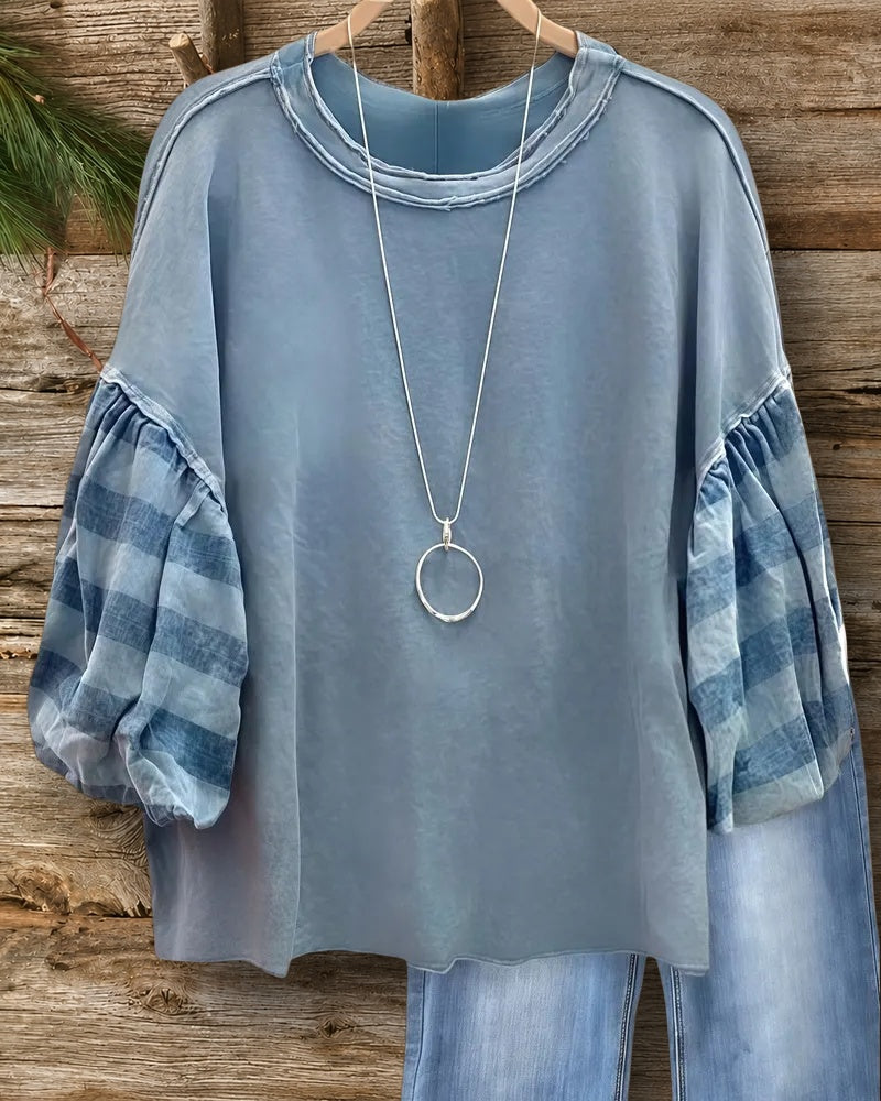 Checked Patchwork Puff Sleeve Cozy Round Neck Blouse