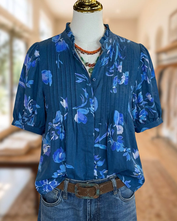 Floral Print Puff Sleeve Ruffled Collar Pleated Button Front Blouse