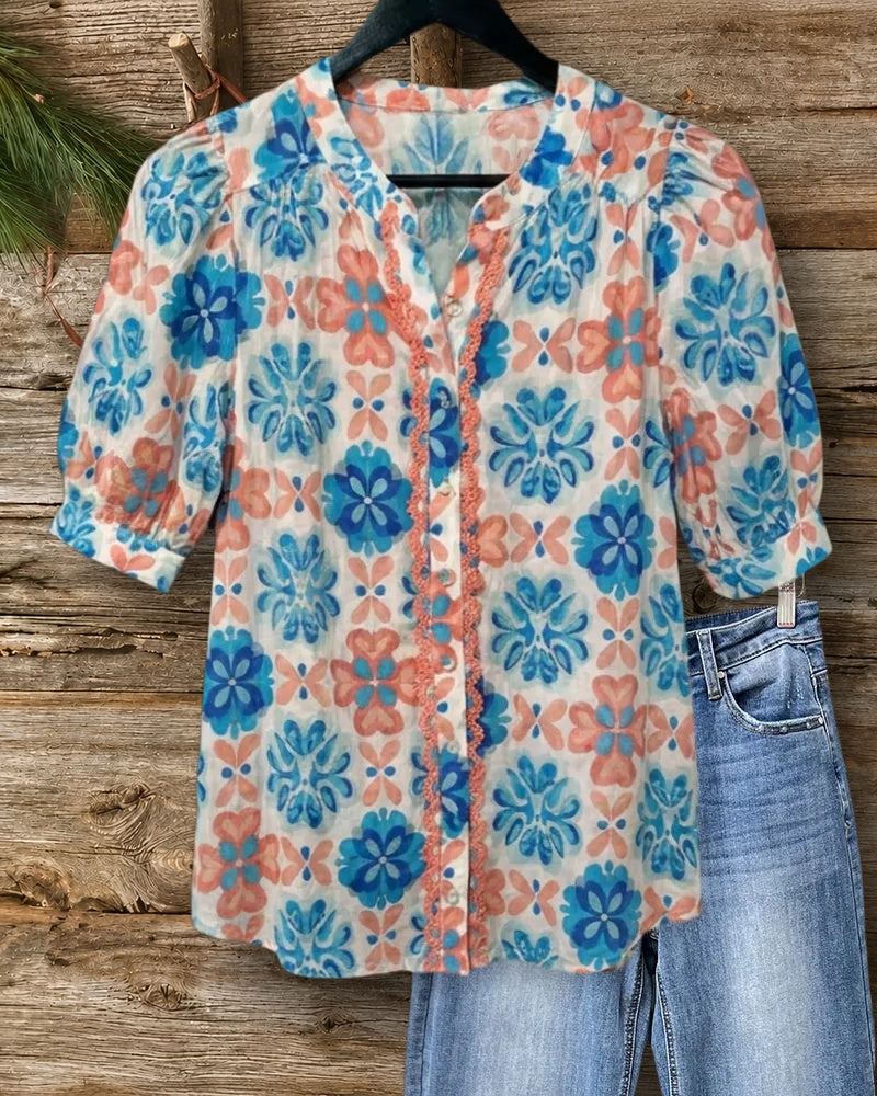 Puff Sleeve Button Front Lace Trim Printed Blouse